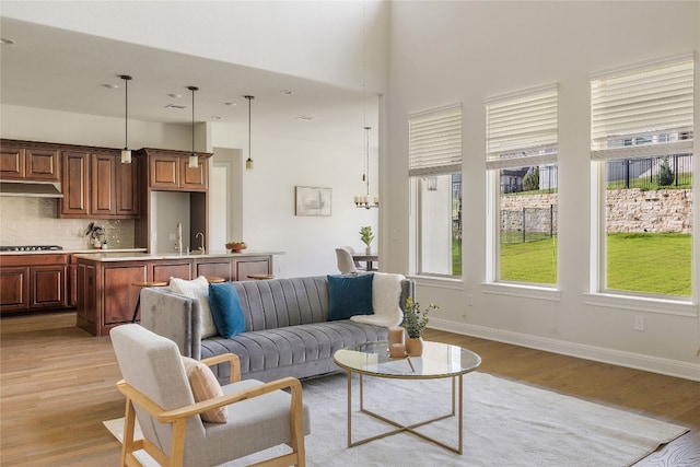 living room featuring sink and light wood-type flooring