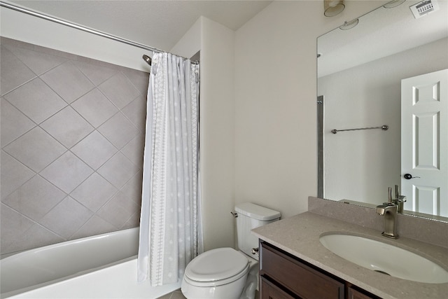 full bathroom featuring vanity, toilet, and shower / tub combo with curtain