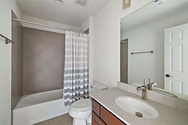 full bathroom featuring tile patterned floors, vanity, shower / bathtub combination with curtain, and toilet