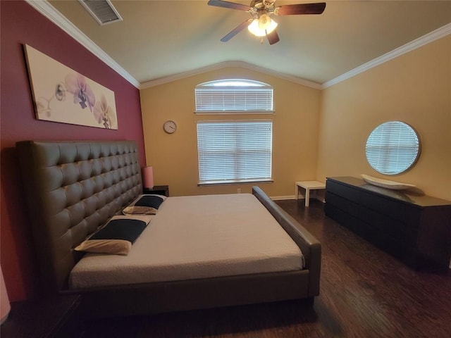 bedroom with crown molding, ceiling fan, lofted ceiling, and dark hardwood / wood-style flooring