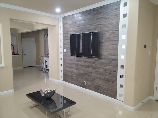 tiled living room featuring ornamental molding