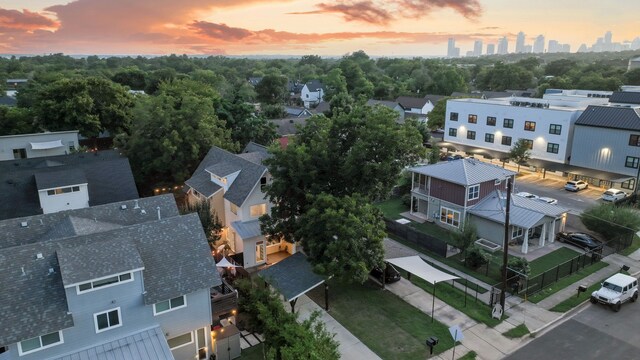 view of aerial view at dusk