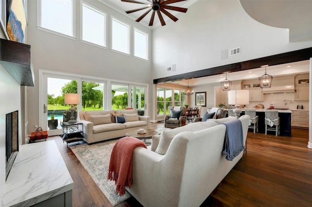 living room with dark hardwood / wood-style floors, a wealth of natural light, and a high ceiling