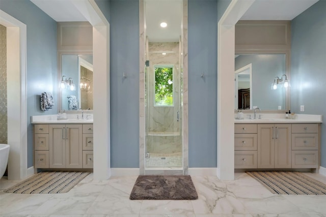 bathroom featuring independent shower and bath, tile patterned floors, and dual bowl vanity