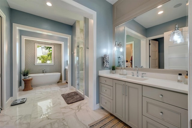 bathroom featuring vanity, plus walk in shower, and tile patterned floors