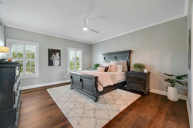 bedroom with ornamental molding, dark hardwood / wood-style flooring, multiple windows, and ceiling fan