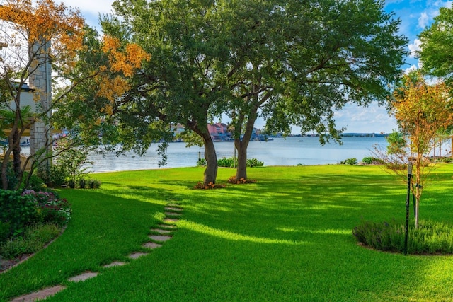 view of yard with a water view