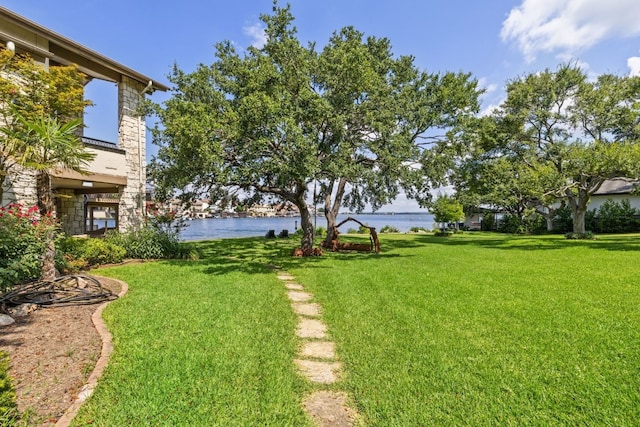 view of yard with a water view