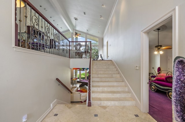 stairs featuring high vaulted ceiling, tile patterned flooring, ceiling fan, and beam ceiling