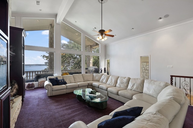 carpeted living room with ceiling fan, a water view, high vaulted ceiling, beamed ceiling, and a wealth of natural light