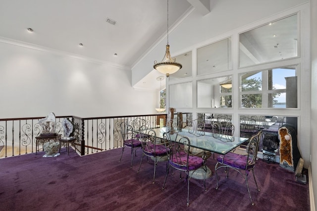 dining room with crown molding, carpet floors, and high vaulted ceiling