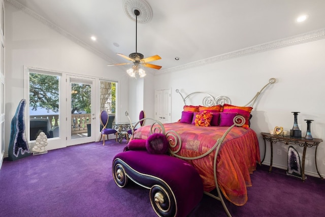 bedroom with ornamental molding, carpet, access to exterior, and ceiling fan