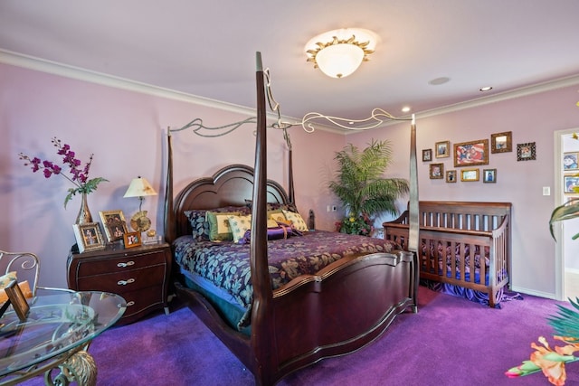 bedroom with carpet floors and ornamental molding