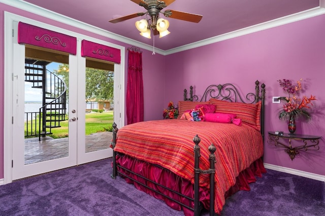 bedroom with access to exterior, crown molding, dark colored carpet, and ceiling fan