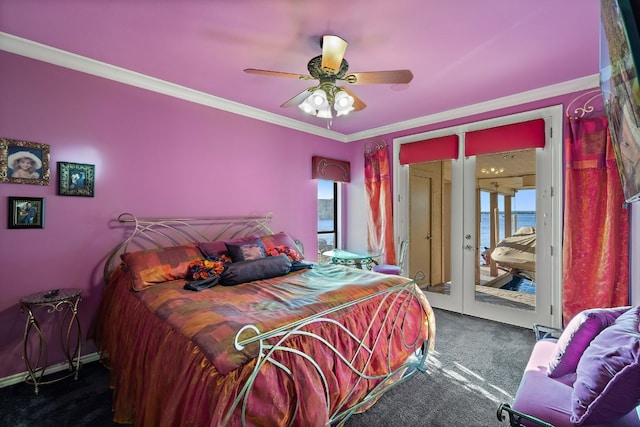 bedroom with french doors, ornamental molding, carpet floors, and ceiling fan