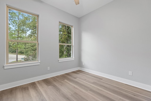 unfurnished room featuring ceiling fan, light hardwood / wood-style flooring, and a wealth of natural light