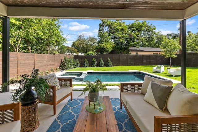 view of swimming pool featuring a lawn, outdoor lounge area, and a patio