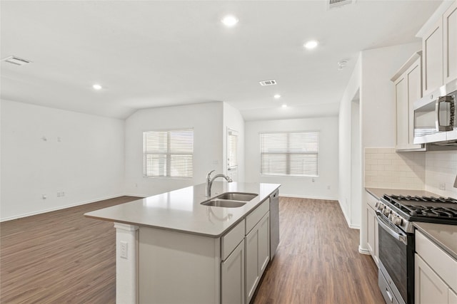 kitchen featuring a wealth of natural light, sink, an island with sink, and stainless steel appliances