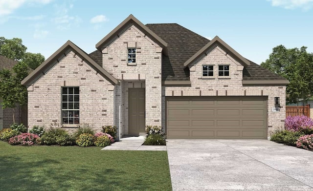 view of front of home with a front yard and a garage