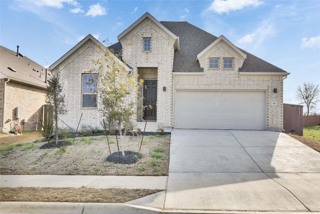 247 Du Bois Ln, Kyle, TX 78640 - french country style house with a garage, brick siding, roof with shingles, and driveway