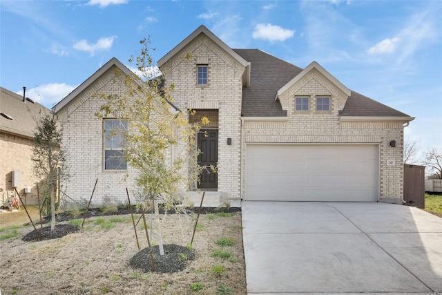 247 Du Bois Ln, Kyle, TX 78640 - french country inspired facade with brick siding, concrete driveway, a garage, and roof with shingles
