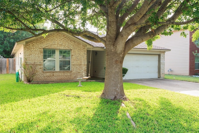 ranch-style house with a front yard and a garage