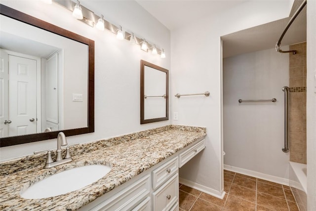 full bath featuring tile patterned flooring, shower / bath combination, vanity, and baseboards