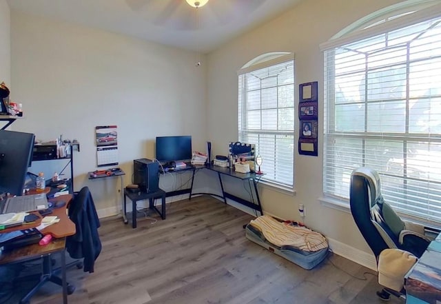 office space featuring ceiling fan, wood finished floors, and baseboards