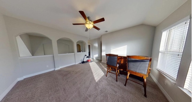 office area with lofted ceiling, carpet, baseboards, and ceiling fan