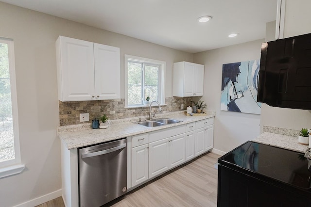 kitchen with light wood-type flooring, backsplash, stainless steel dishwasher, range with electric stovetop, and sink