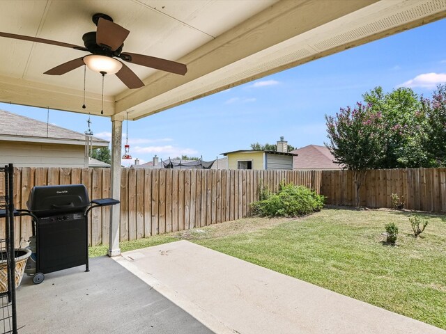 view of patio featuring ceiling fan and area for grilling