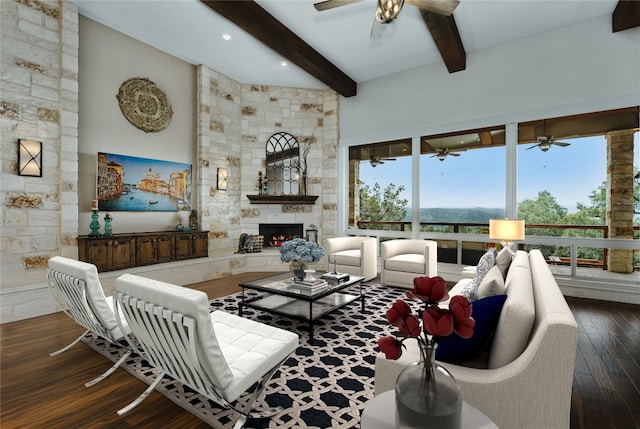 living room with ceiling fan, dark wood-type flooring, beamed ceiling, and a fireplace