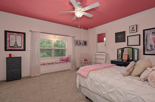 7610 Ramble Rdg, San Antonio, TX 78266 - bedroom featuring ornamental molding, carpet, and a ceiling fan