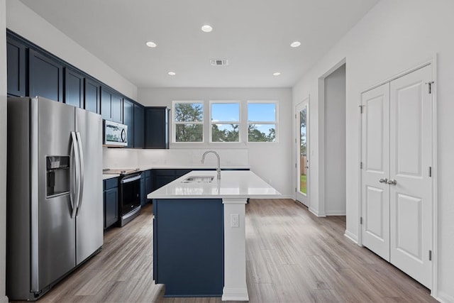 320 Creek Rd Unit 206, Dripping Springs, TX 78620 - kitchen with visible vents, a center island with sink, a sink, light countertops, and stainless steel appliances