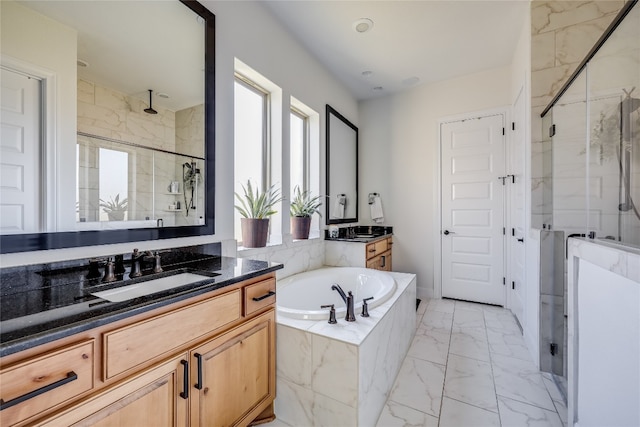 bathroom with plus walk in shower and vanity