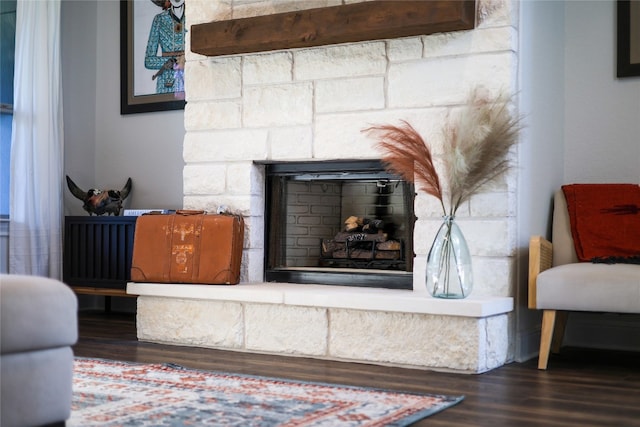 details with a stone fireplace and hardwood / wood-style flooring