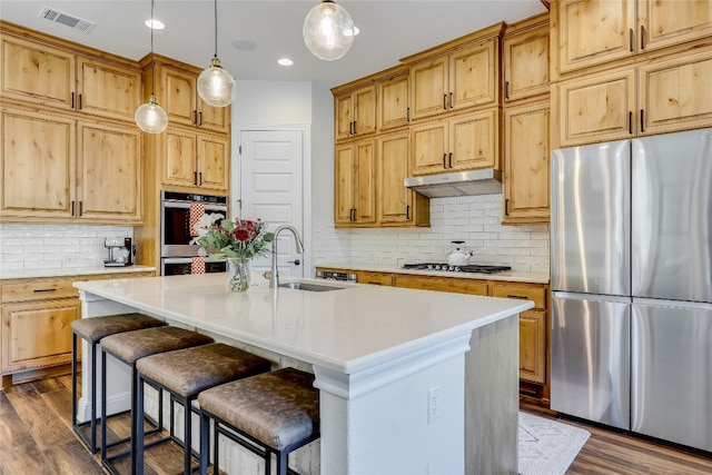 kitchen featuring stainless steel appliances, an island with sink, dark hardwood / wood-style floors, and sink