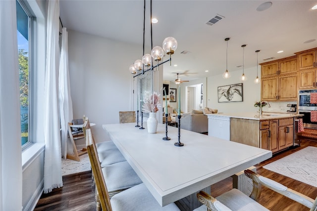 dining space featuring ceiling fan, sink, and dark hardwood / wood-style flooring