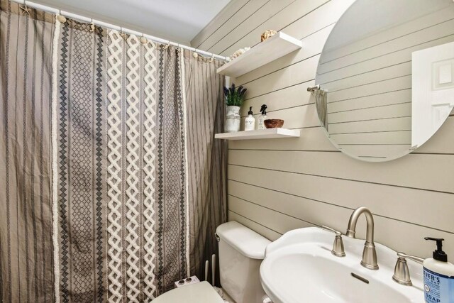 bathroom with wooden walls, toilet, and sink