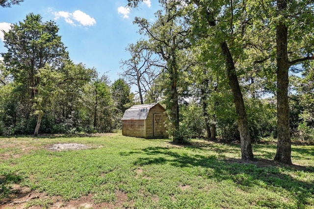 view of yard featuring a storage unit