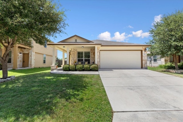 single story home with a garage and a front lawn