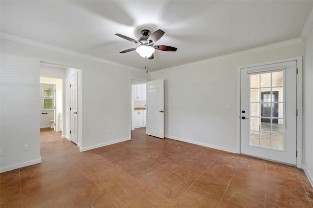 tiled spare room featuring crown molding, a wealth of natural light, and ceiling fan