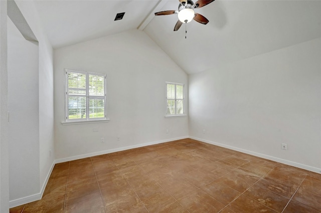 spare room with beamed ceiling, tile patterned floors, high vaulted ceiling, and ceiling fan