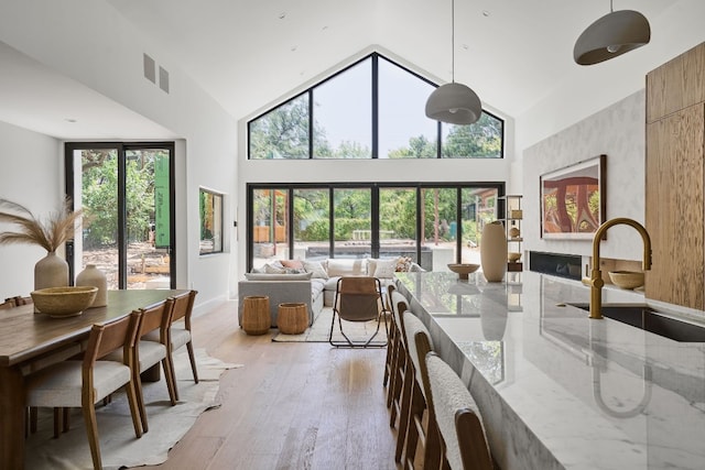 dining space with sink, a healthy amount of sunlight, and light wood-type flooring