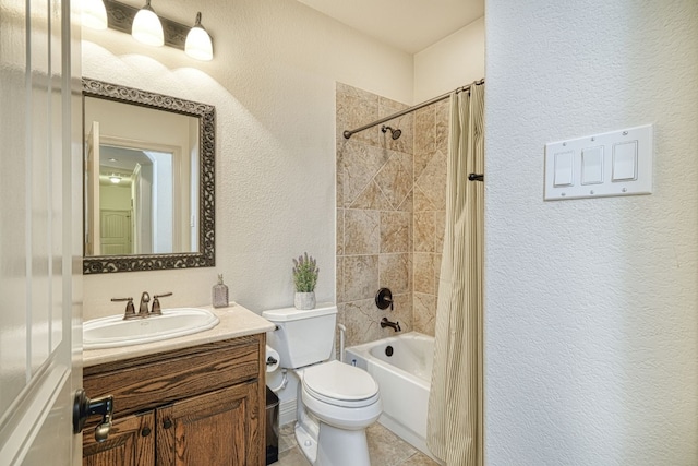 full bathroom with vanity, shower / tub combo, toilet, and tile patterned floors