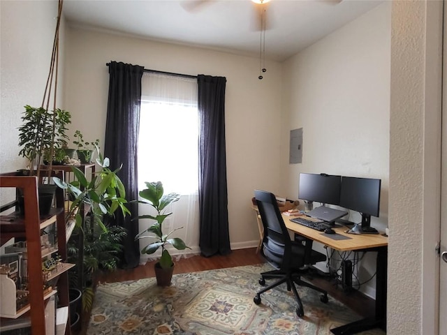 office space with electric panel, baseboards, and wood finished floors