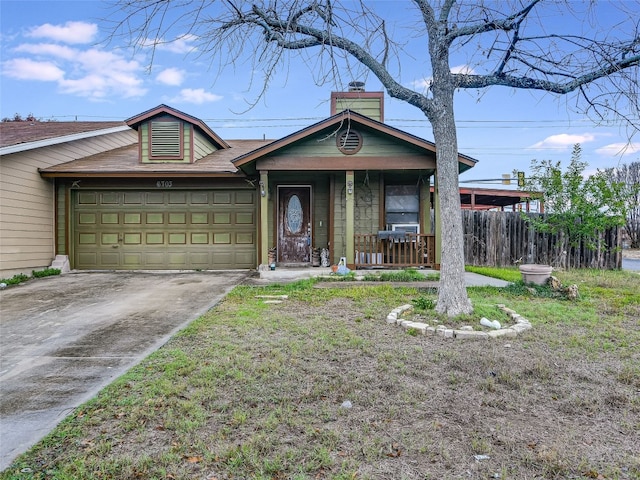 ranch-style house with a garage, a front lawn, and covered porch