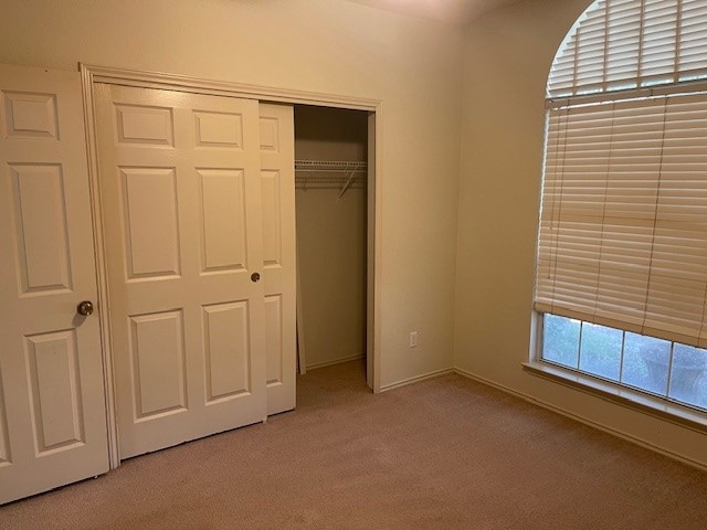 unfurnished bedroom featuring light carpet and a closet