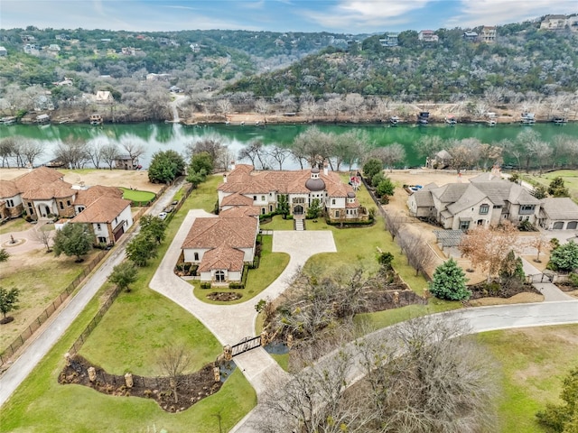 aerial view featuring a water view