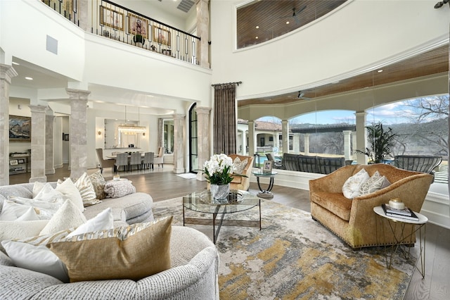 14132 Flat Top Ranch Rd, Austin, TX 78732 - living room with ornate columns, wood finished floors, and a towering ceiling